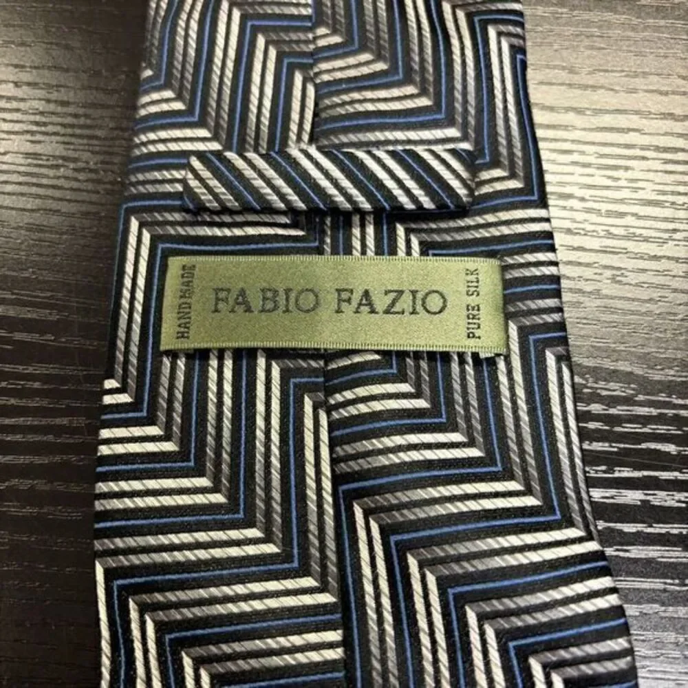 Fabio Fazio Tie Mens 100% Silk Necktie Shiny Blue Silver Black Stripes Ties‎